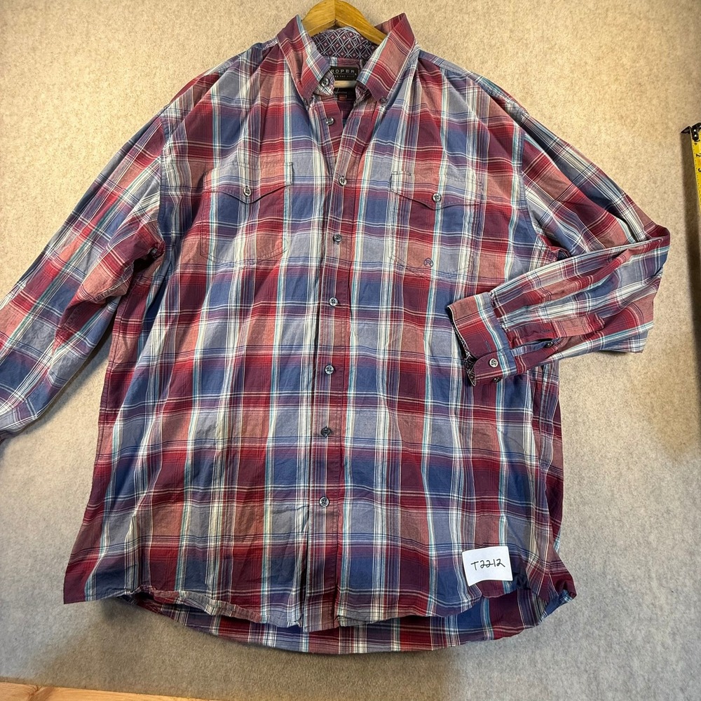 Roper Mens 2XL Plaid Western Button Down Shirt Long Sleeve Red Blue Wear